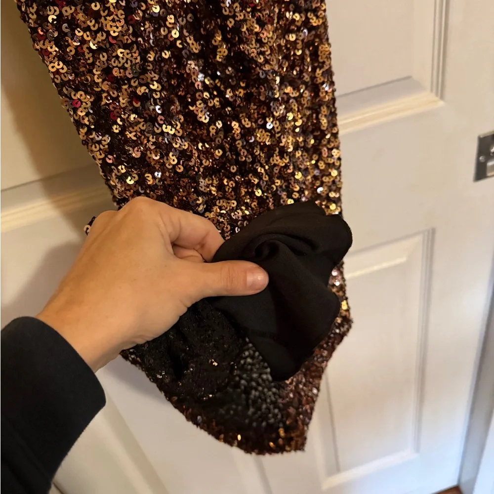 B. Smart Off Shoulder Burgundy and Gold Ombré Sequin Dress - Picture 6 of 8